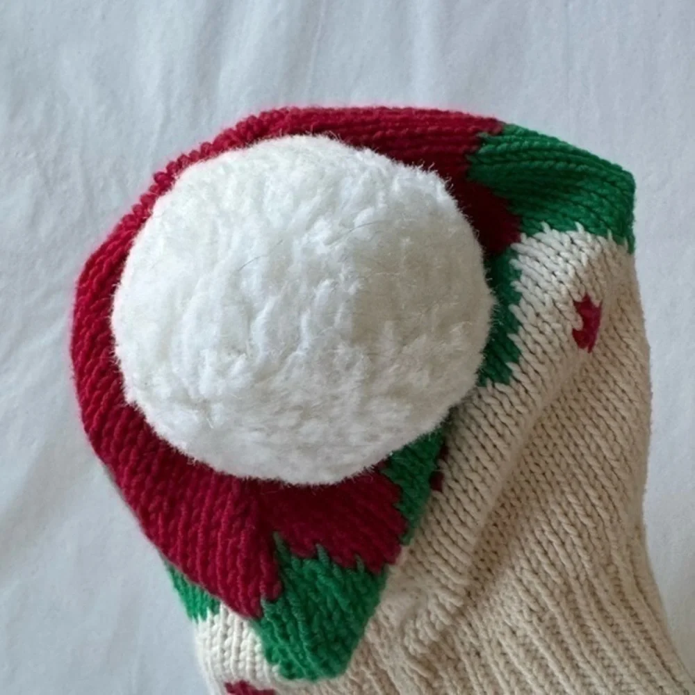 Garnet Hill Kids Green Red White Knit Pom Pom Cotton Hat Beanie‎